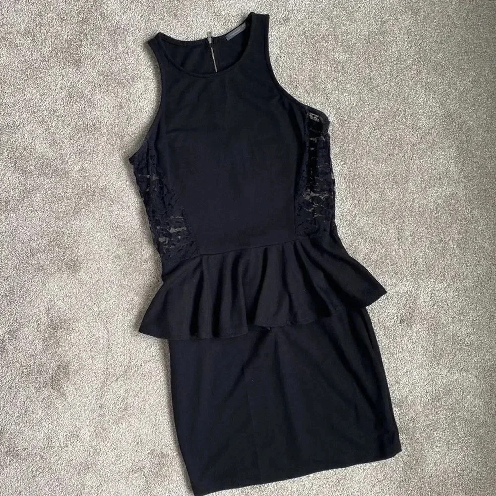 Soprano Peplum Lace Side Black Mini Dress Exposed Zipper Size M